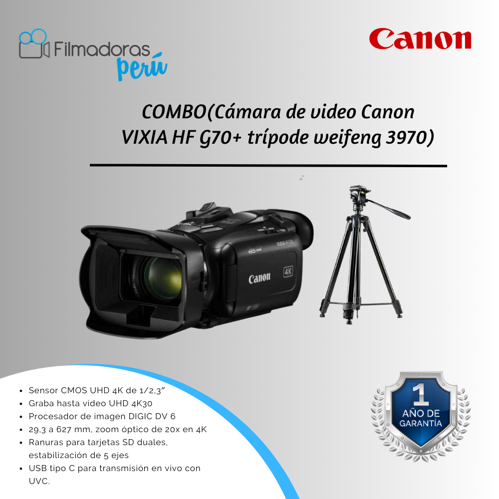 Combo video (Cámara de video Canon Vixia HF G70+trípode weifeng 3970)