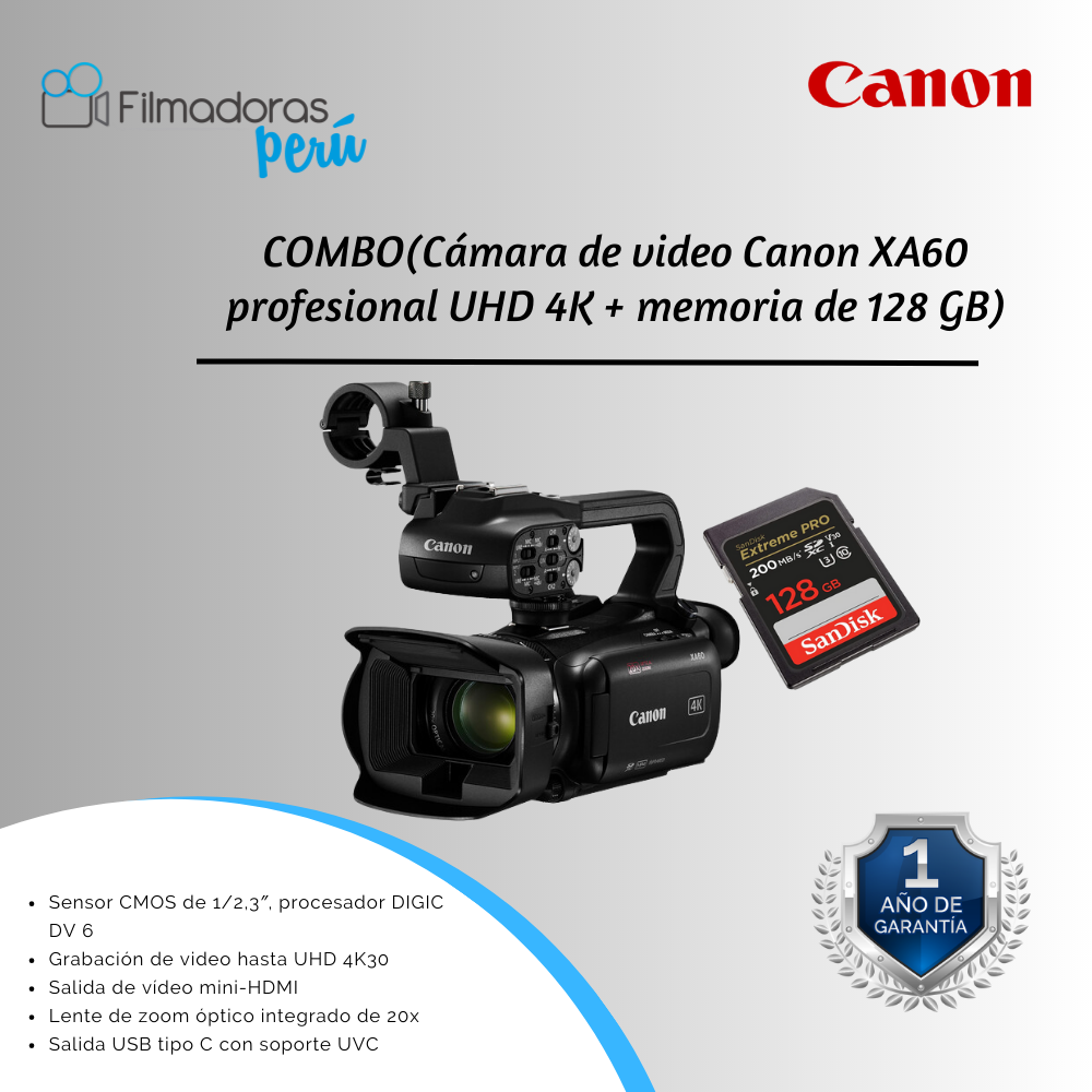Combo video (Cámara de video Canon XA60 +memoria de 128GB)