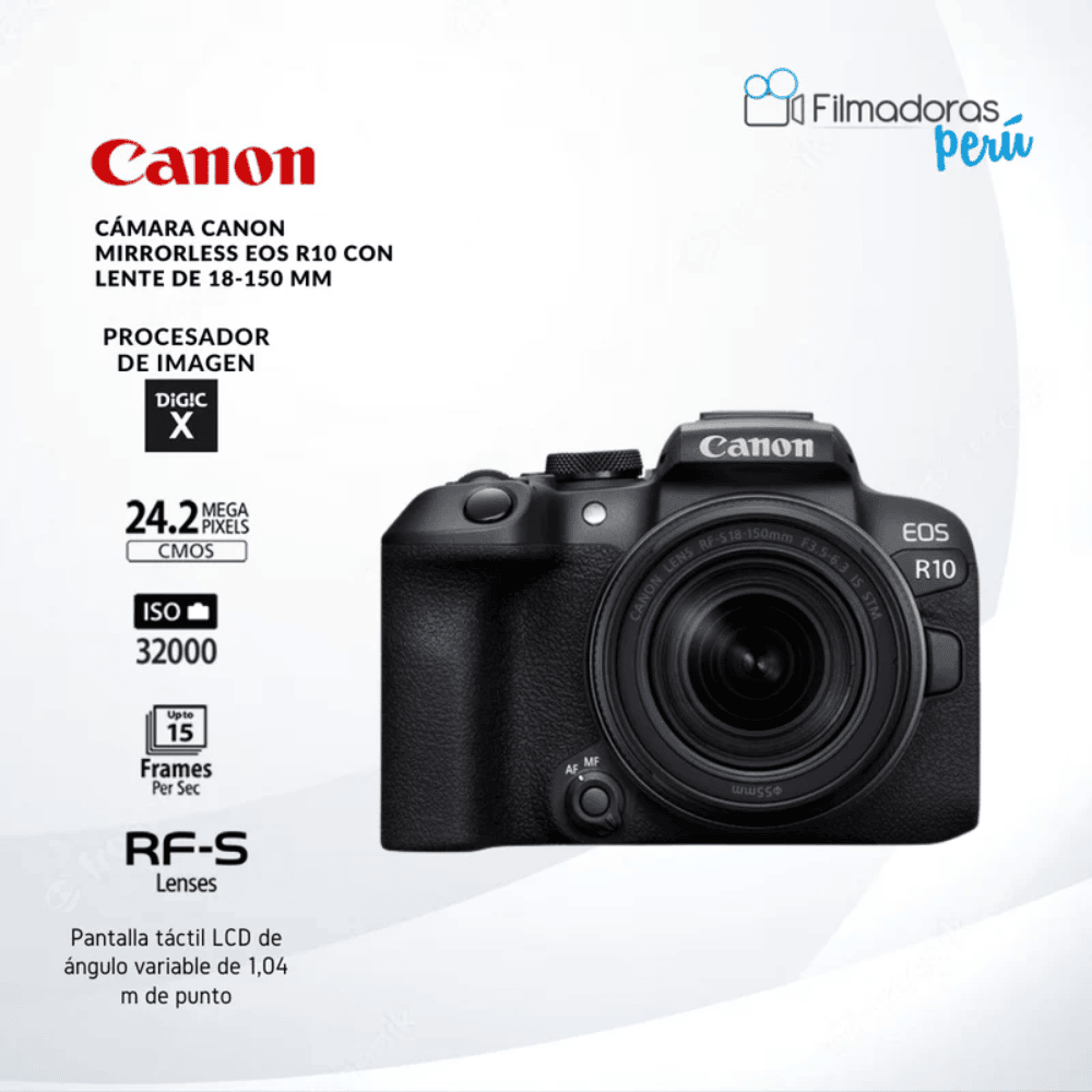 Cámara Canon Mirrorless EOS R10 con lente de 18-150 mm - Filmadorasperu