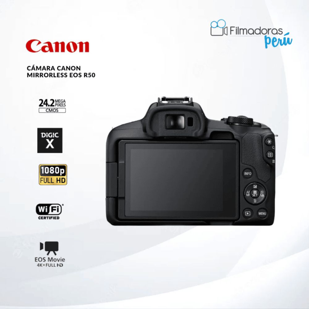 Cámara Canon Mirrorless EOS R50 con lente de 18-45 mm - Filmadorasperu