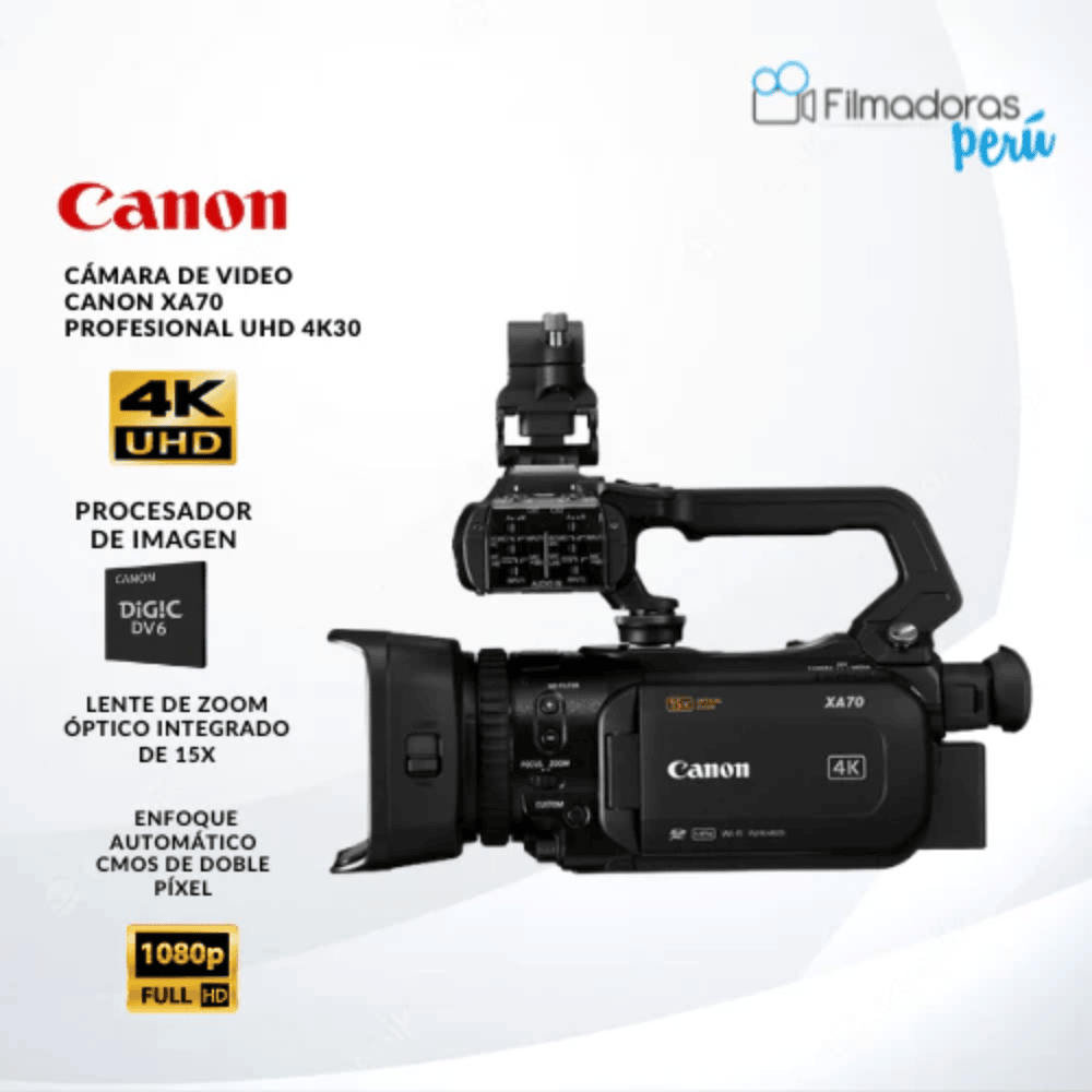 Cámara de video Canon XA70 UHD 4K30 con enfoque automático de doble píxel - con Función de Streaming en Vivo - Filmadorasperu