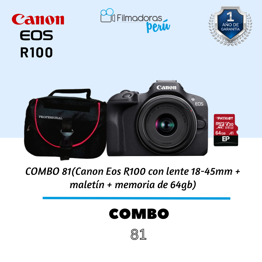 Cámara Canon EOS R100 con lente 18-45 mm grabación 4K