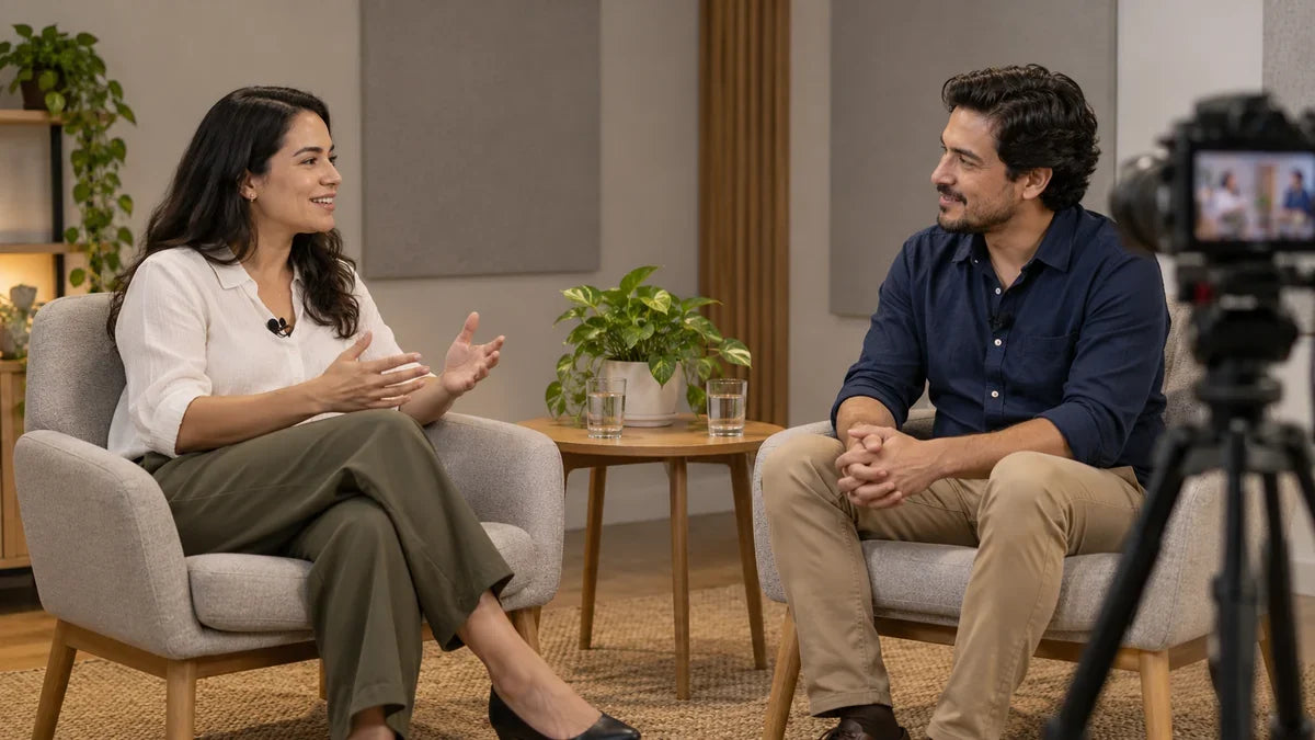 Dos personas con micrófonos de solapa conversan frente a una cámara en trípode