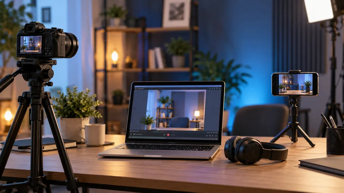 Cámara en trípode, computadora portátil, celular y audífonos en una mesa de estudio