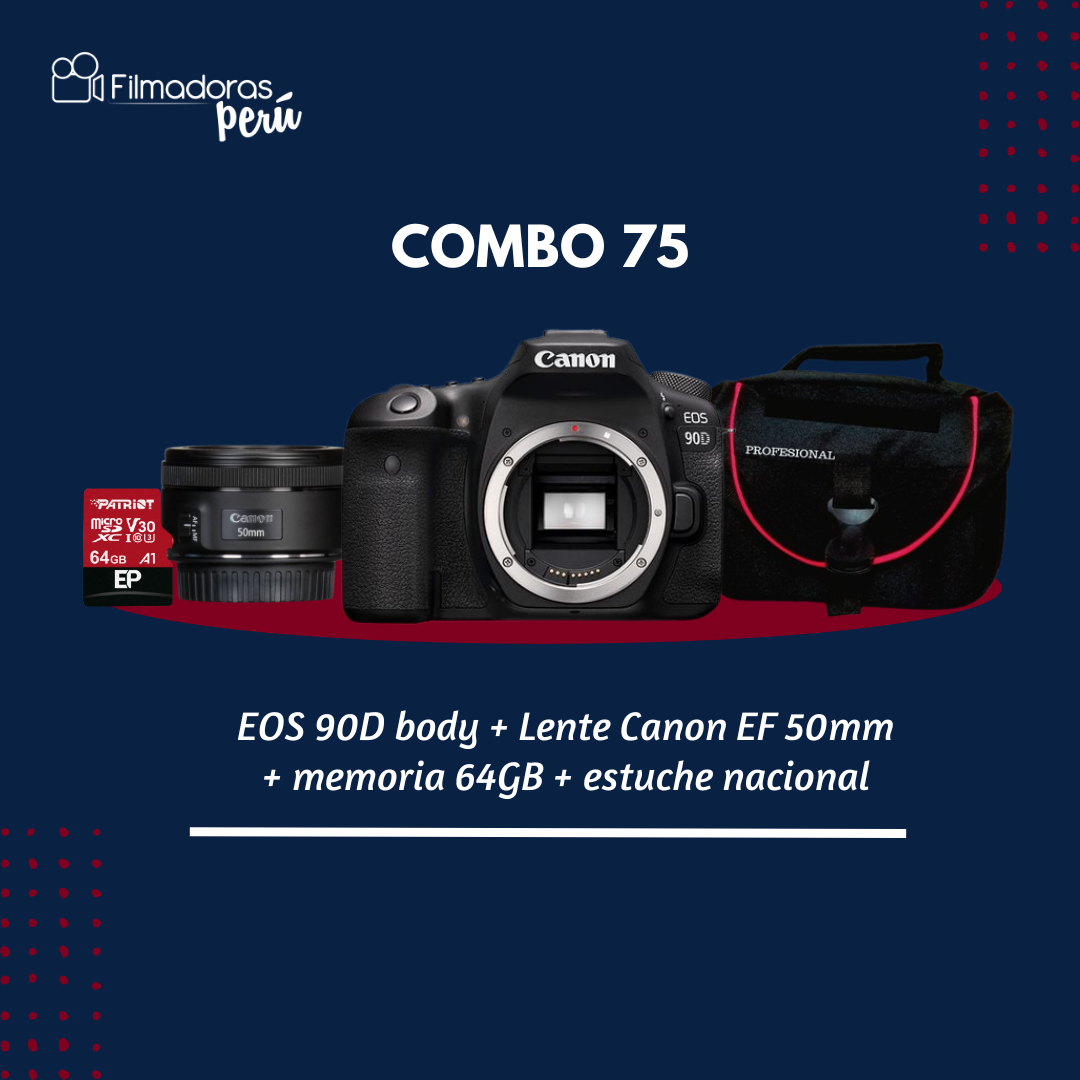 COMBO 75 (EOS 90D body + EF 50mm + memoria 64GB + estuche nacional)