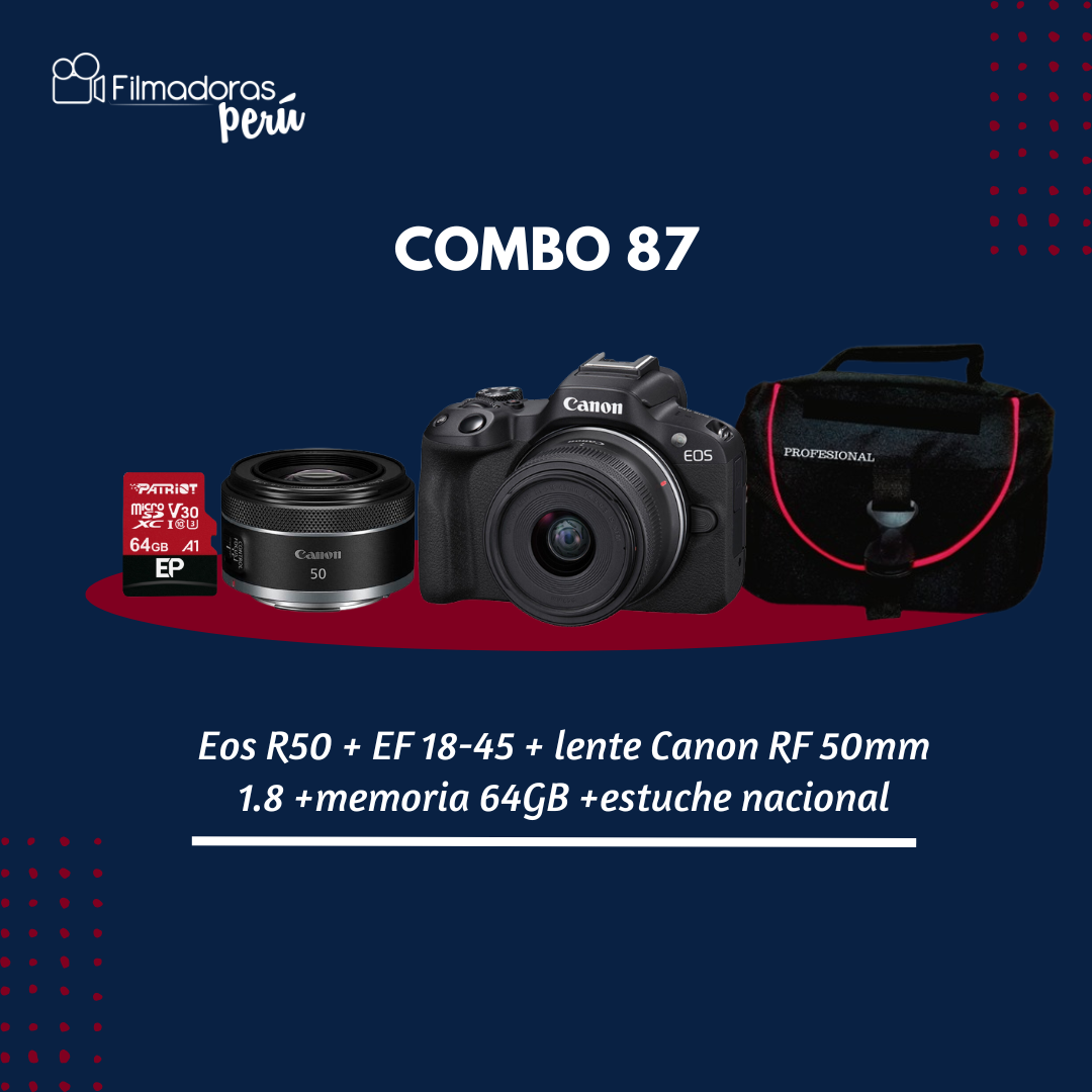 COMBO 87 (Eos R50 + EF 18-45 + lente RF 50mm 1.8 +memoria 64GB +estuche nacional)