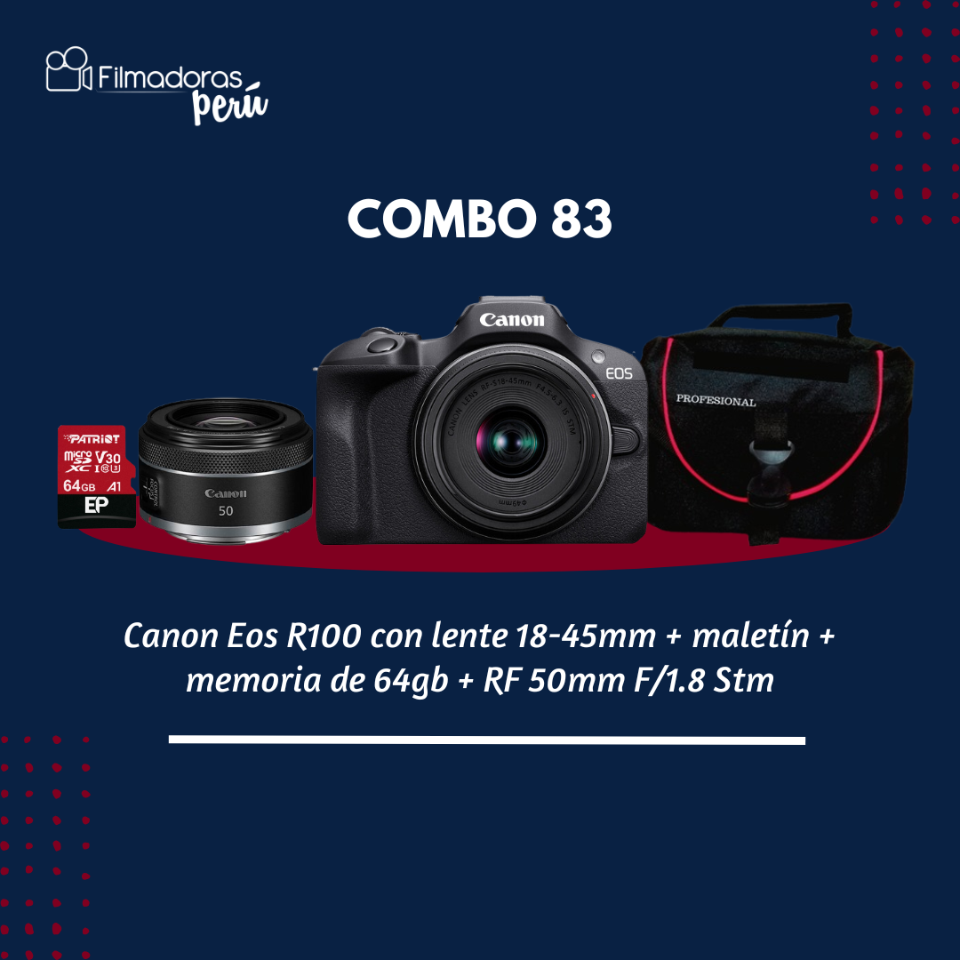 COMBO 83 (Canon Eos R100 con lente 18-45mm + maletín + memoria de 64gb + RF 50mm F/1.8 Stm)