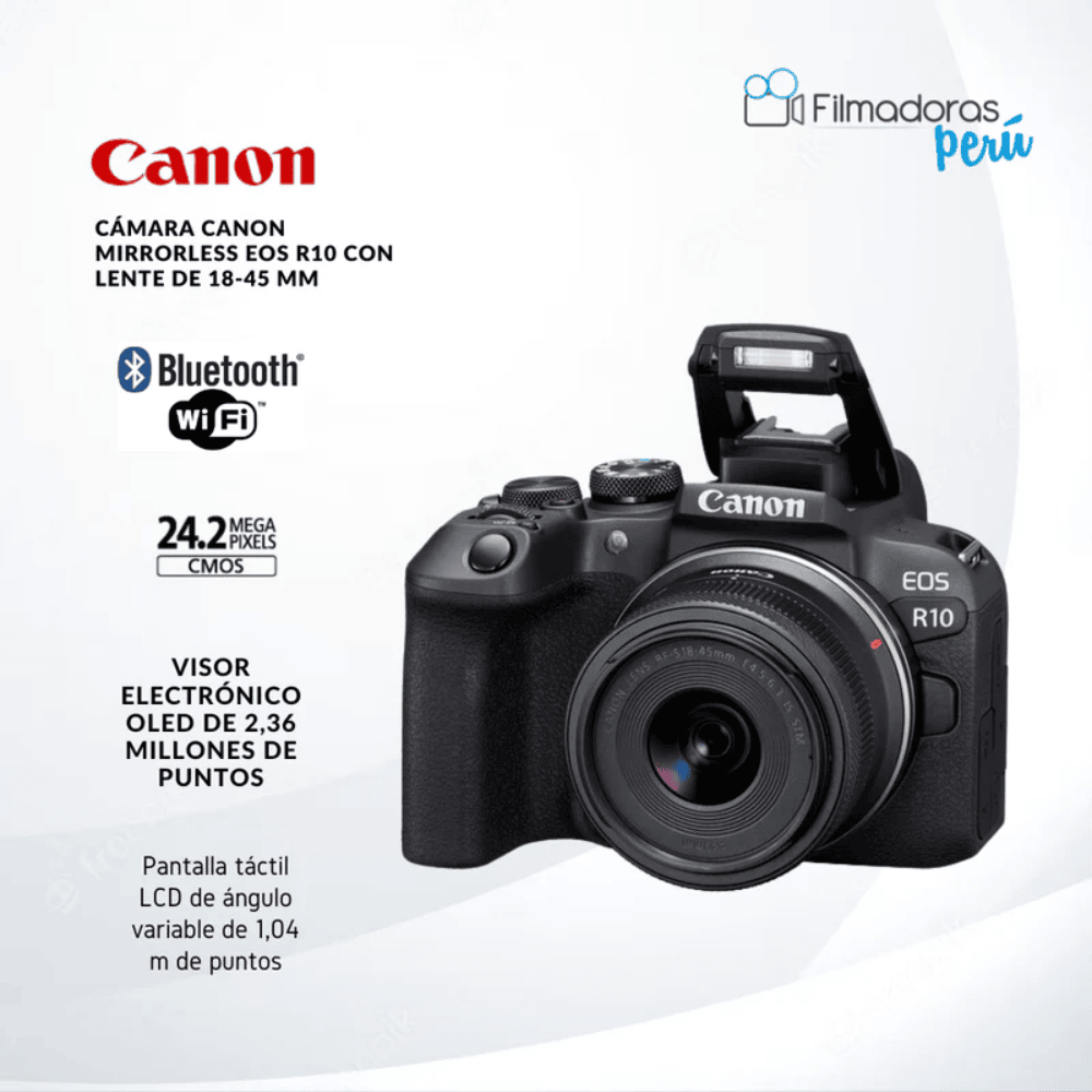 Cámara Canon Mirrorless EOS R10 con lente de 18-45 mm - Filmadorasperu