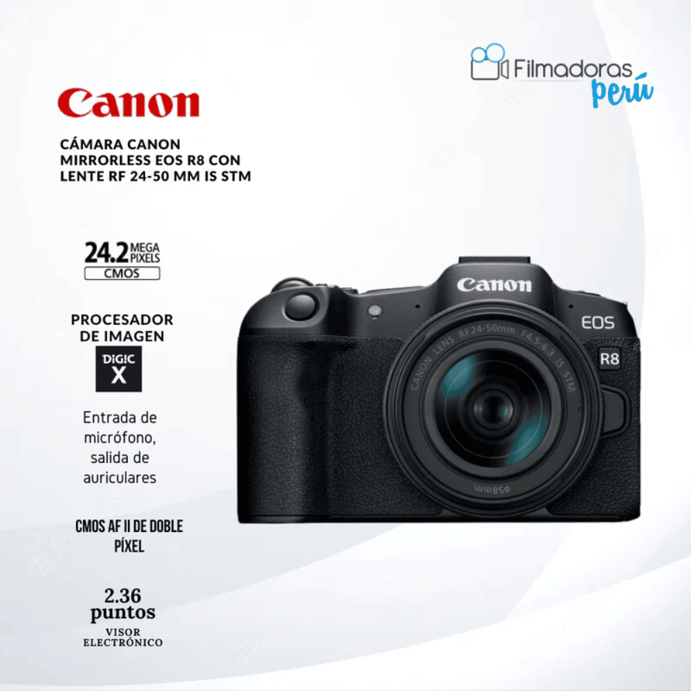 Cámara Canon Mirrorless EOS R8 con lente RF 24-50 mm is stm - Filmadorasperu