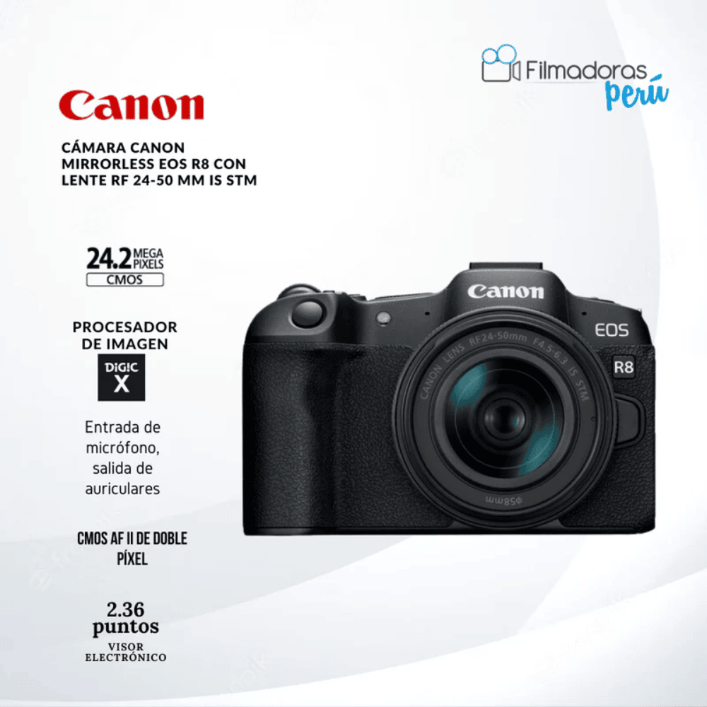 Cámara Canon Mirrorless EOS R8 con lente RF 24-50 mm is stm (maletín + memoria de 64gb)