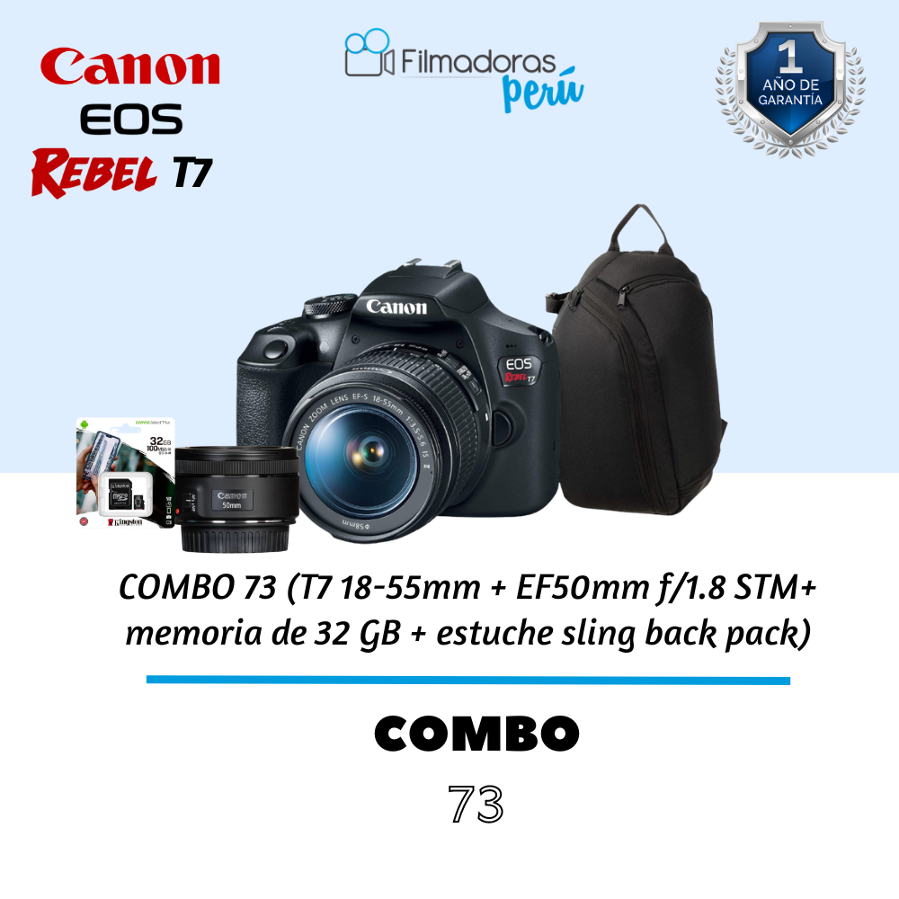 COMBO 73 (T7 18-55mm + EF50mm f/1.8 STM+ memoria de 32 GB + estuche sling back pack)