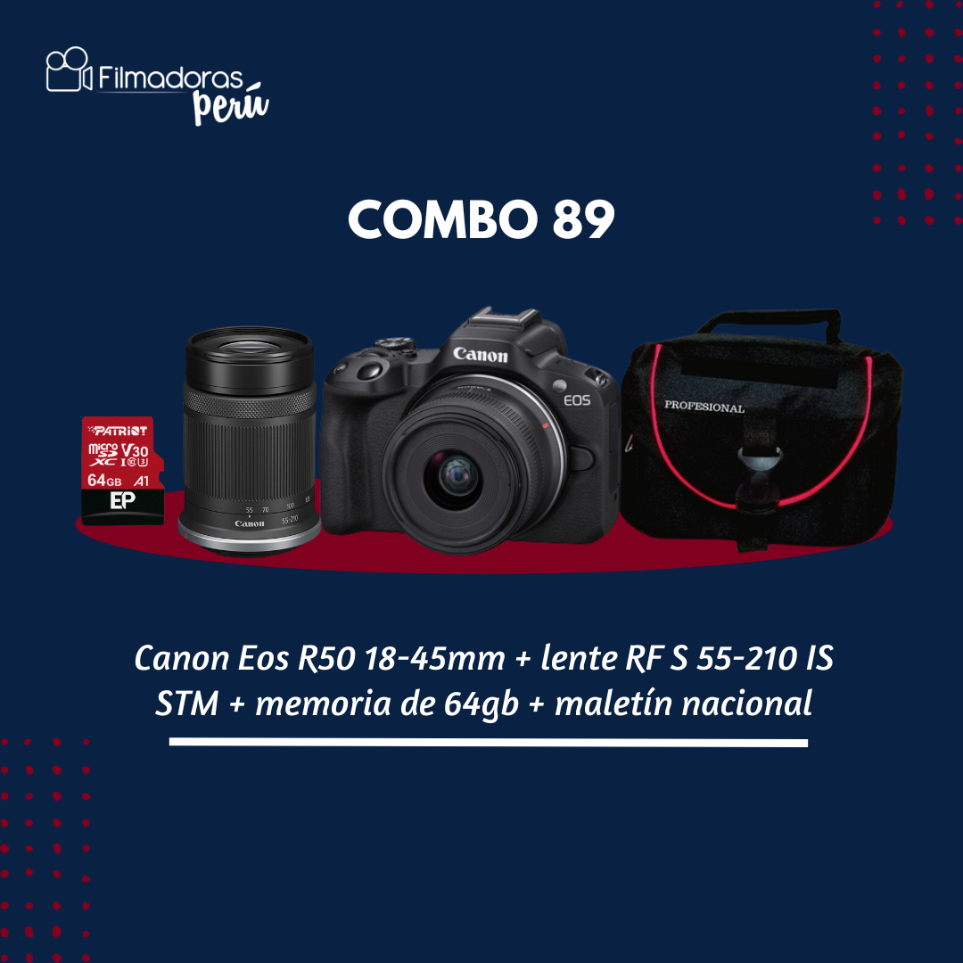 COMBO 89 (Canon Eos R50 18-45mm + lente RF S 55-210 STM + memoria de 64gb + estuche)