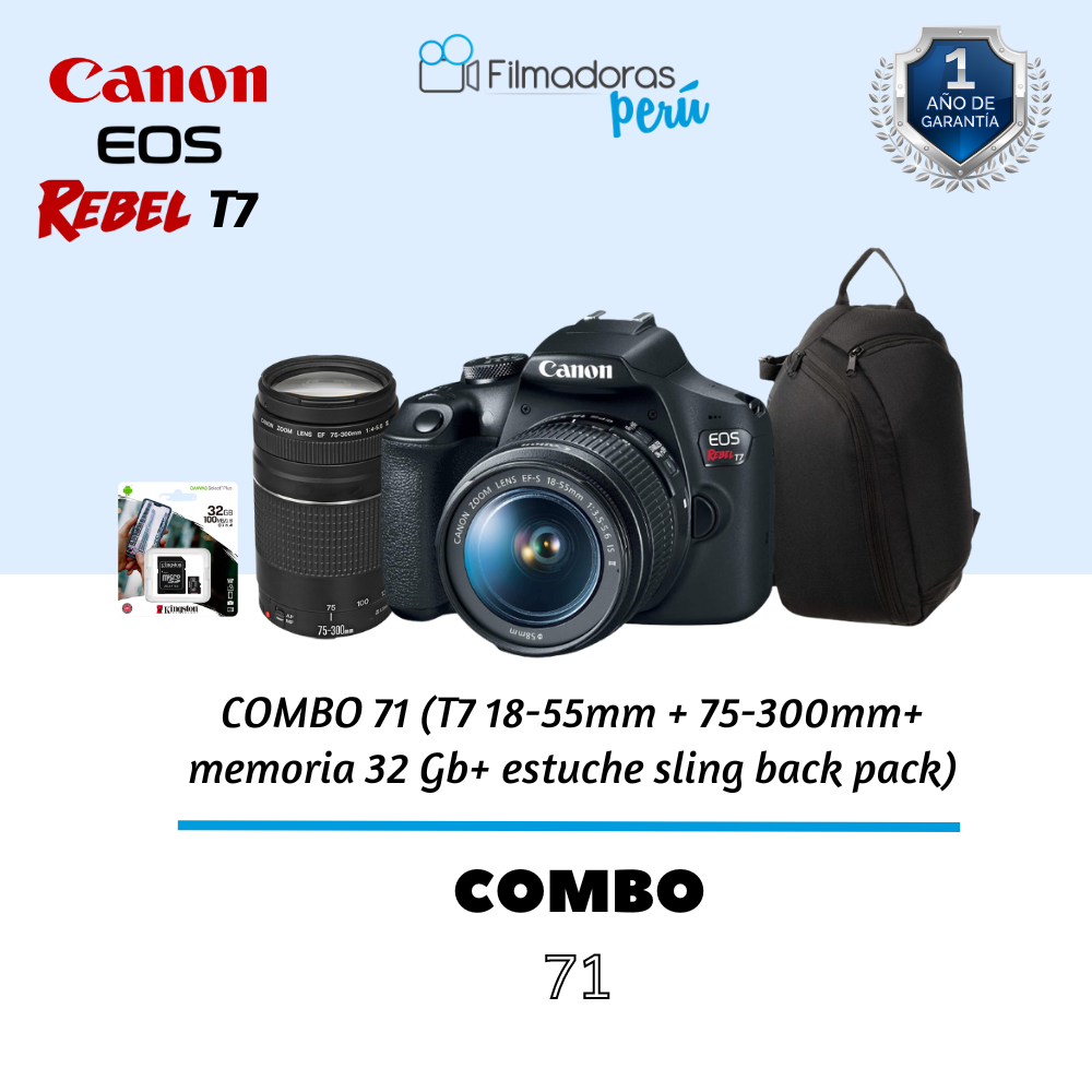COMBO 71 (T7 18-55mm + 75-300mm+ memoria 32 Gb+ estuche sling back pack)