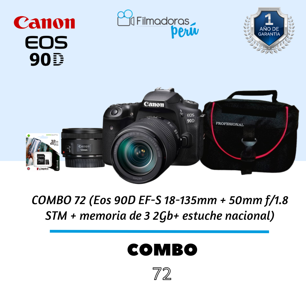 COMBO 72 (Eos 90D EF-S 18-135mm + 50mm f/1.8 STM + memoria de 3 2Gb+ estuche nacional)