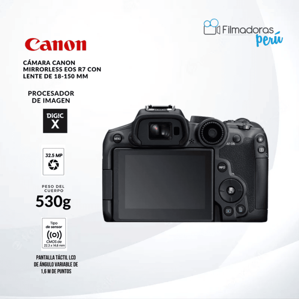 Cámara Canon Mirrorless EOS R7 con lente de 18-150 mm - Filmadorasperu