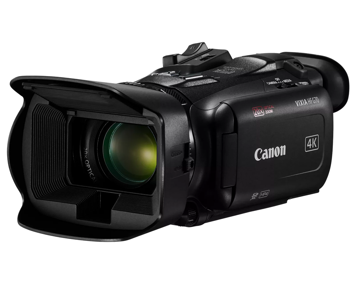 Videocámara Canon VIXIA HF G70 UHD 4K, vista frontal en ángulo