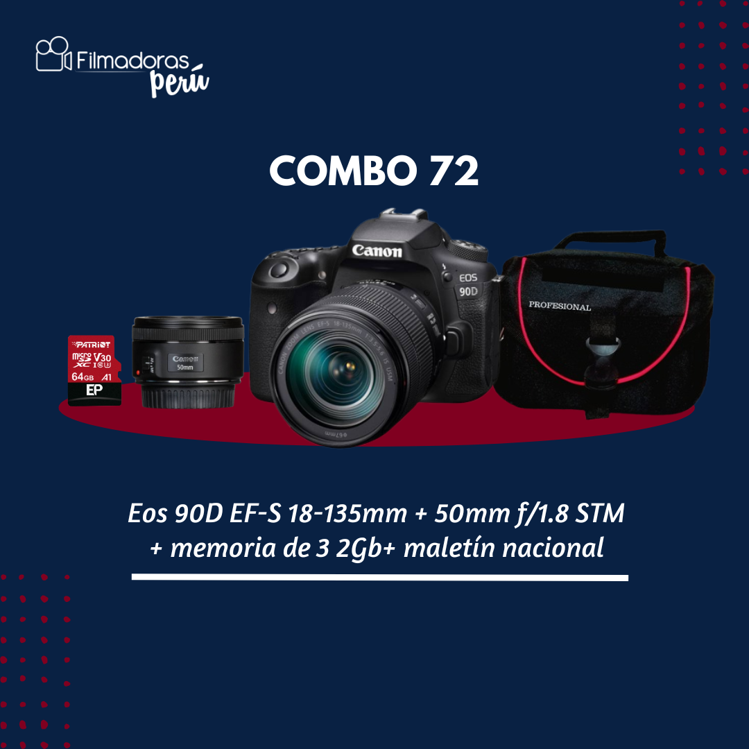 COMBO 72 (Eos 90D EF-S 18-135mm + 50mm f/1.8 STM + memoria de 3 2Gb+ estuche nacional)