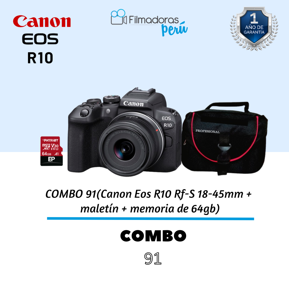 COMBO 91(Canon Eos R10 Rf-S 18-45mm + maletín + memoria de 64gb)