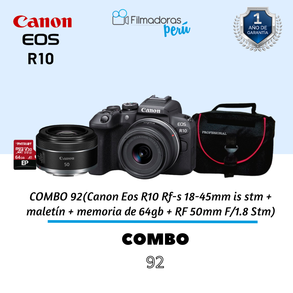 COMBO 92(Canon Eos R10 Rf-s 18-45mm is stm + maletín + memoria de 64gb + RF 50mm F/1.8 Stm)