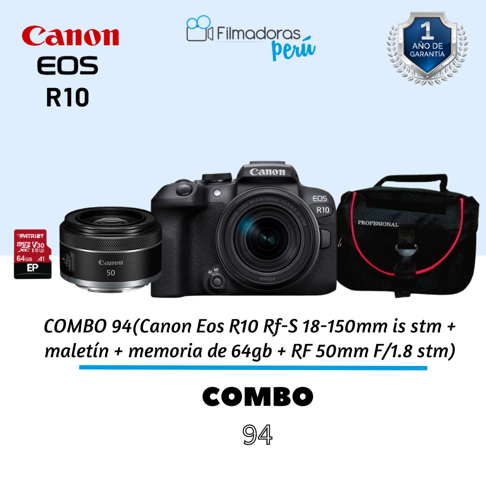 COMBO 94(Canon Eos R10 Rf-S 18-150mm is stm + maletín + memoria de 64gb + RF 50mm F/1.8 stm)