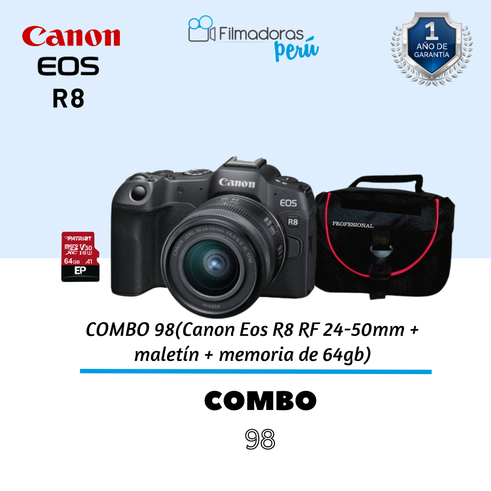 COMBO 98 (Canon Eos R8 RF 24-50mm +  maletín + memoria de 64gb)