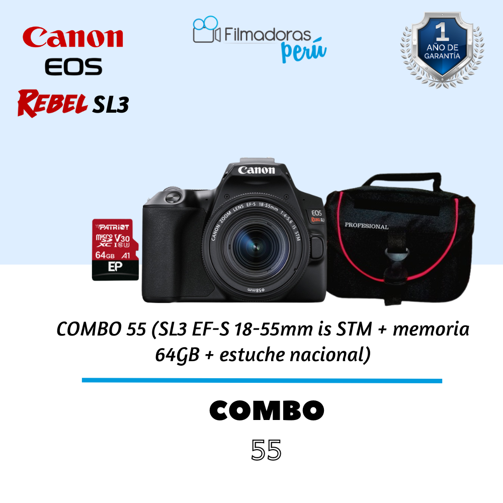COMBO 55 (SL3 EF-S 18-55mm is STM + memoria 64GB + estuche nacional)