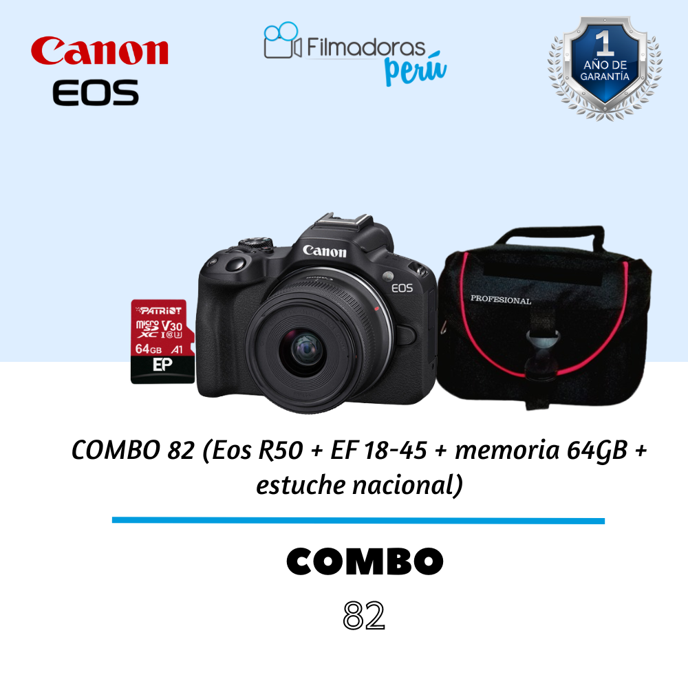 COMBO 82 (Eos R50 + EF 18-45 + memoria 64GB + estuche nacional)
