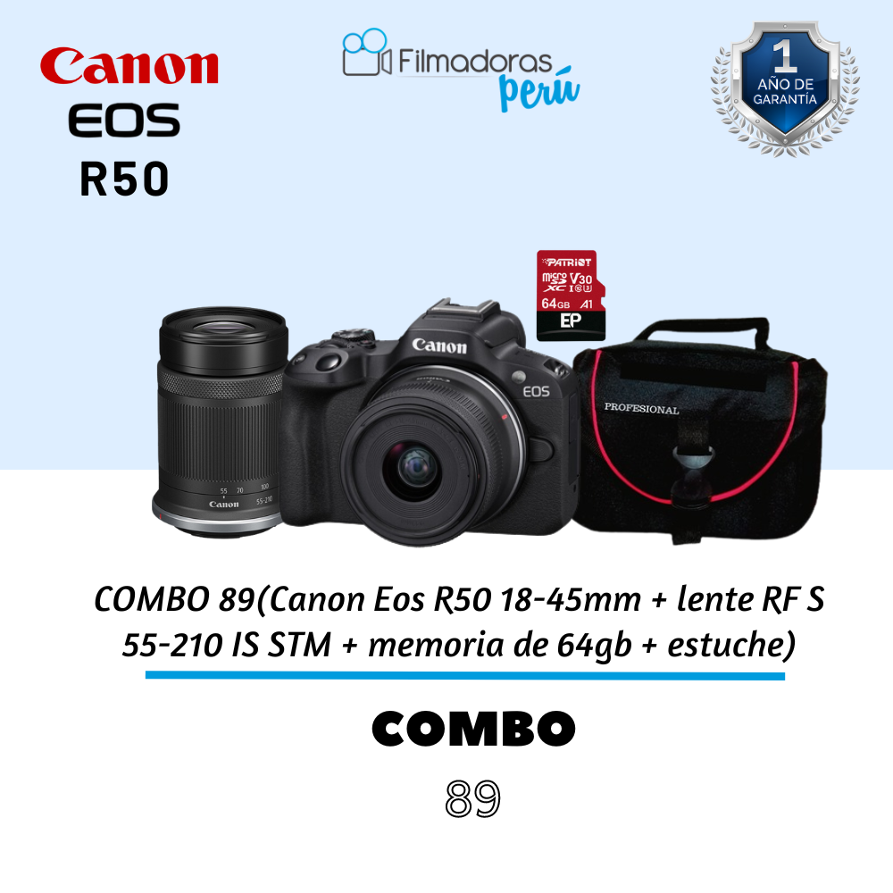 COMBO 89 (Canon Eos R50 18-45mm + lente RF S 55-210 STM + memoria de 64gb + estuche)