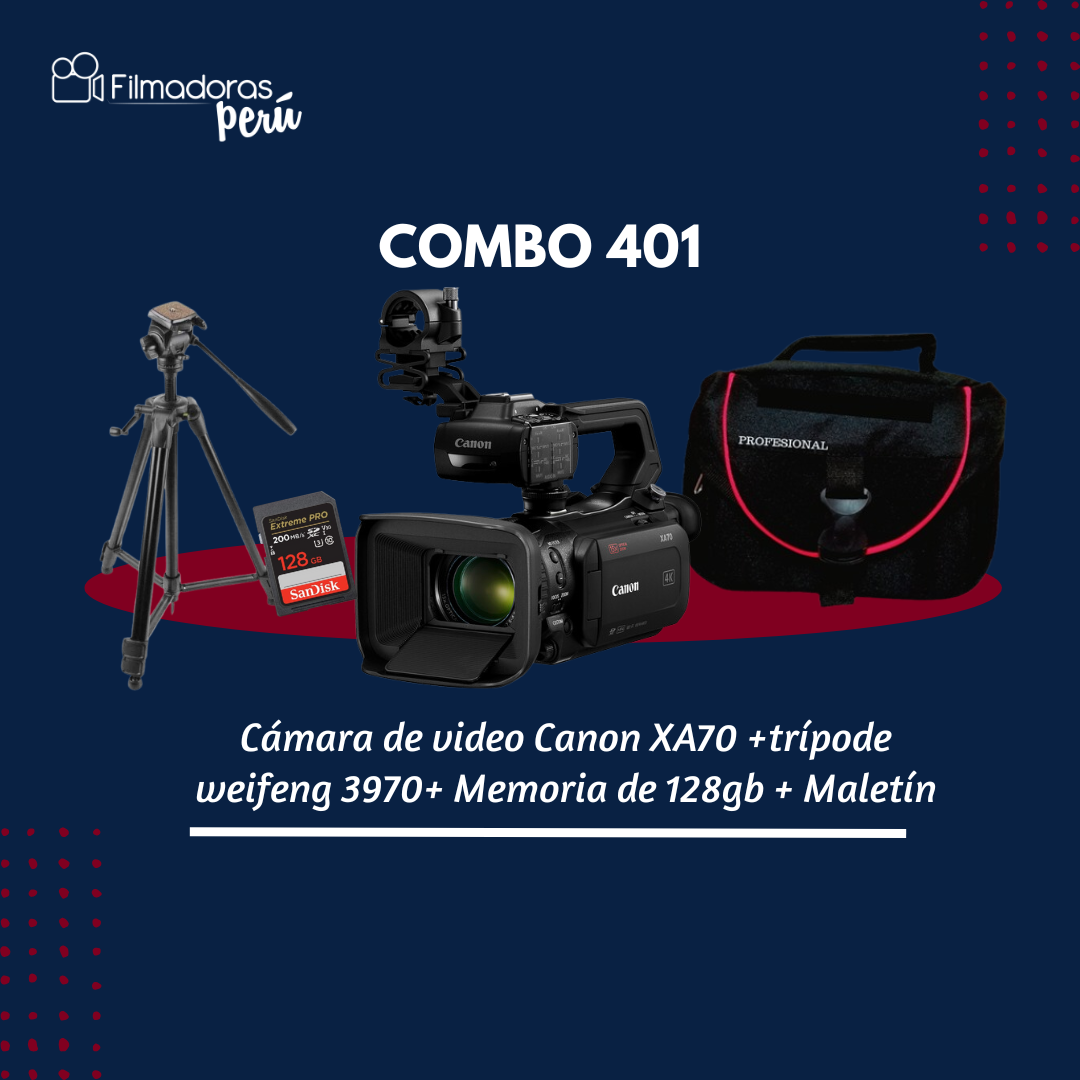 combo 401 (Cámara de video Canon XA70 +trípode weifeng 3970+ Memoria de 128gb + Maletín)