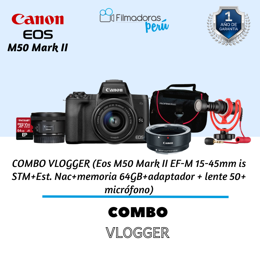 COMBO VLOGGER (Eos M50 Mark II EF-M 15-45mm is STM+ Est. Nac + memoria 64GB+adaptador + lente 50+ micrófono)