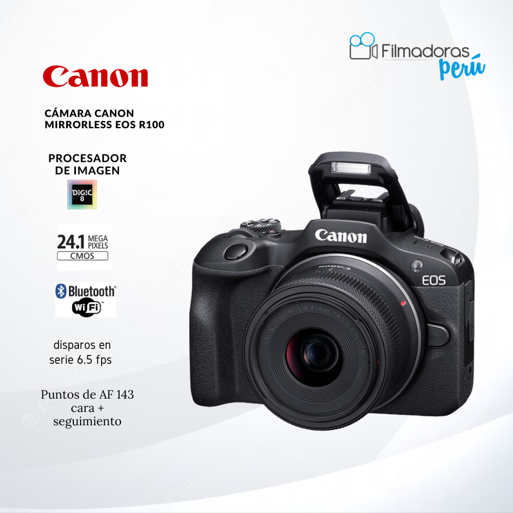 Cámara Canon Mirrorless EOS R100 con lente de 18-45 mm - Filmadorasperu
