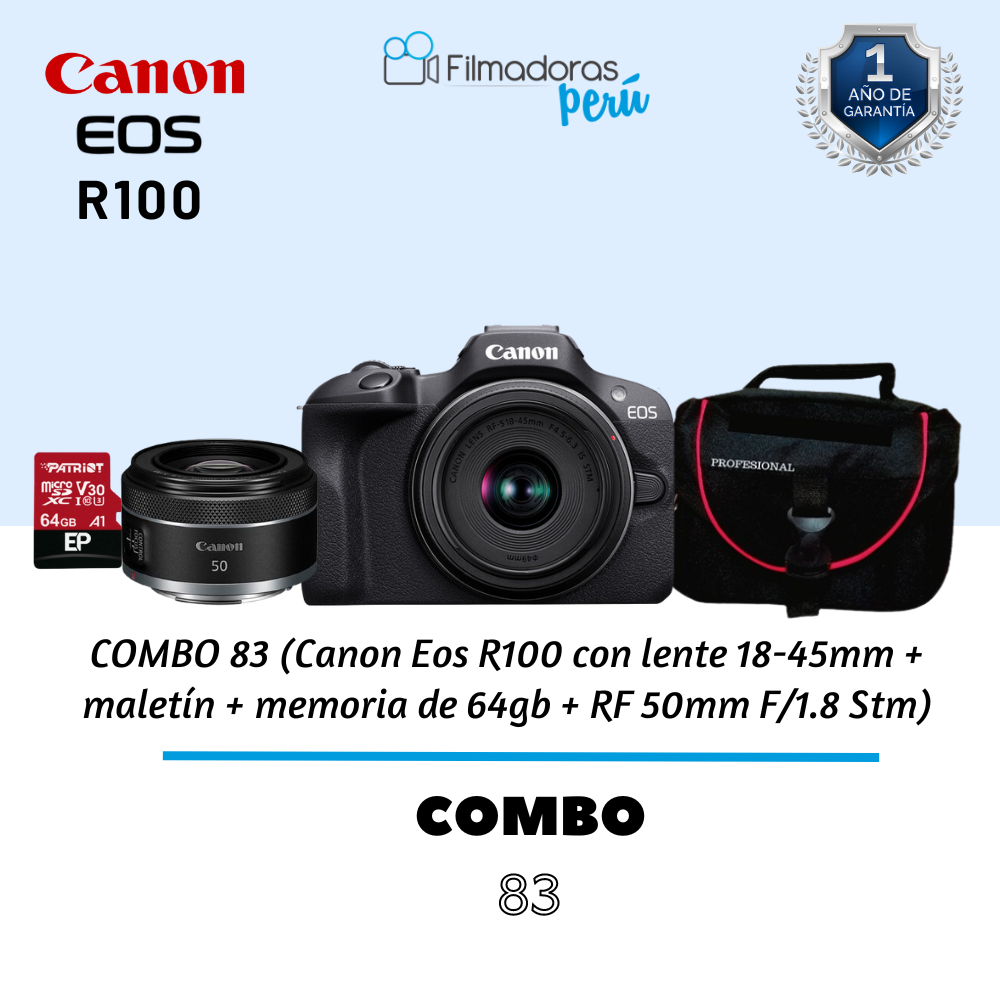 COMBO 83 (Canon Eos R100 con lente 18-45mm + maletín + memoria de 64gb + RF 50mm F/1.8 Stm)